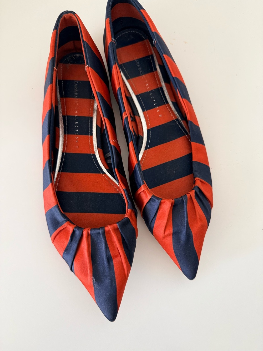 Zara Navy and Red Striped Pointed Ballet Flats